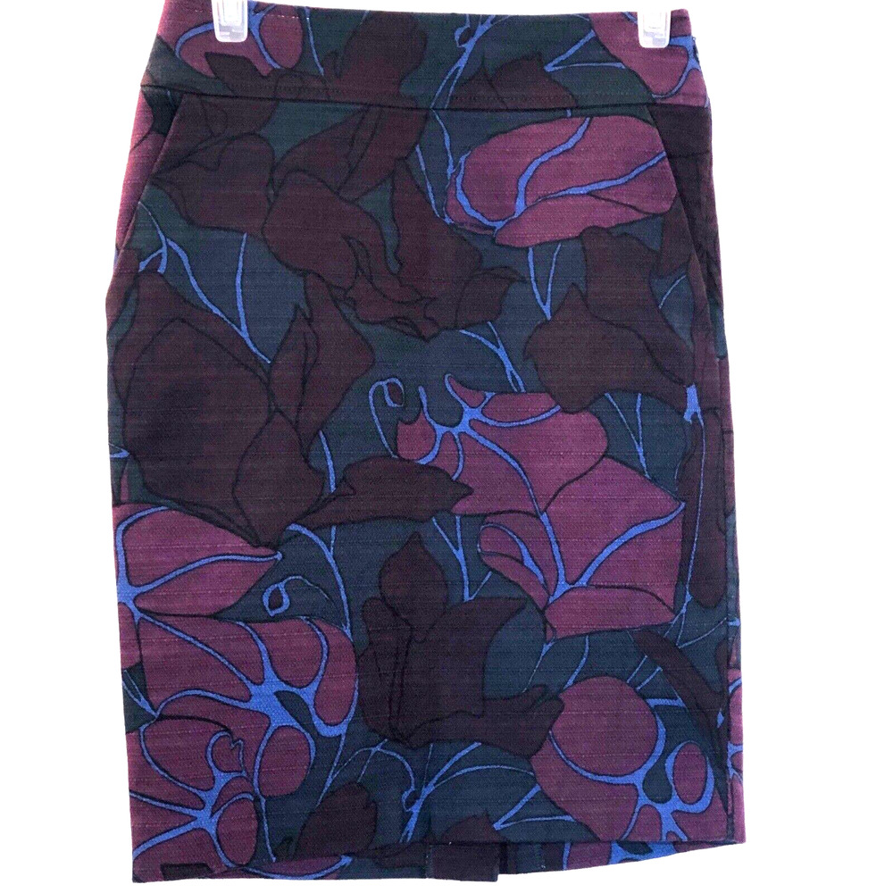 Ann Taylor LOFT Woven Twill Pencil Skirt Size 0 Floral Print Blue Purple Cotton‎